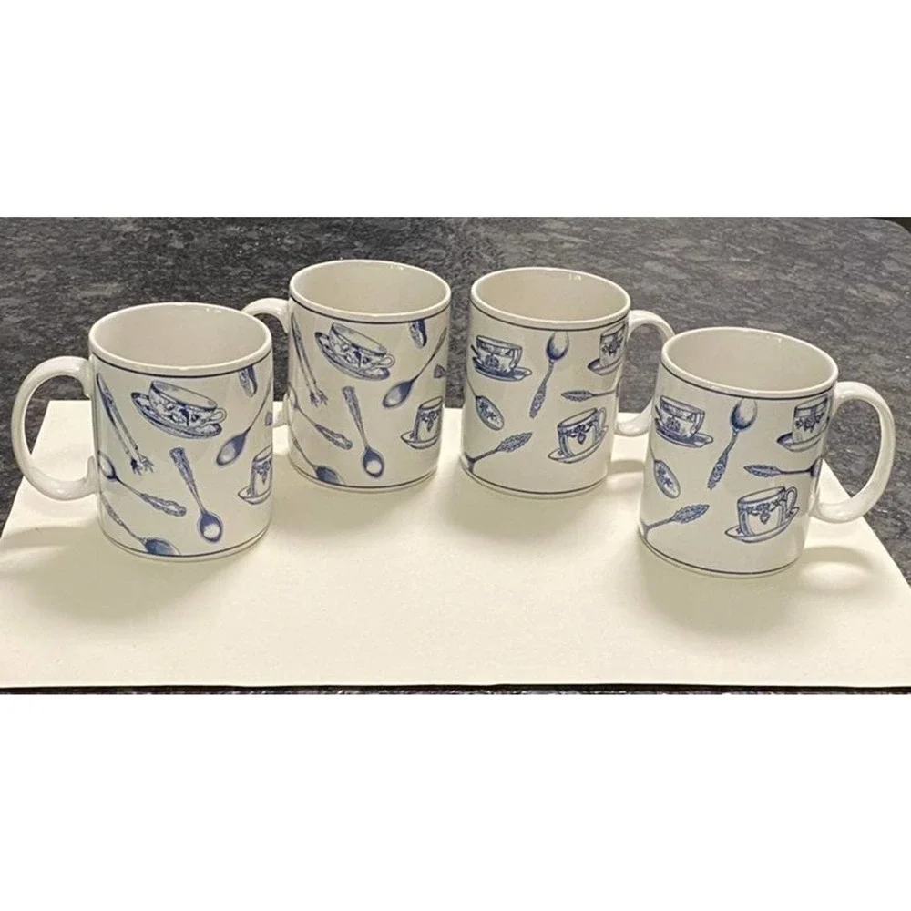 Set of 4 Fitz & Floyd Omnibus Habitat Americana Colony Blue Mugs